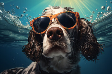 cute happy funny pretty beautiful dogs puppy doggy pet best friend swimming in pool or sea, wear sunglasses, water laps wet joyful humor enjoyment playing smiling sunlight beach. - obrazy, fototapety, plakaty