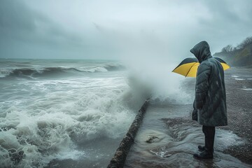 A couple braves the stormy weather, standing strong on a rocky beach with their trusty yellow and black umbrella shielding them from the crashing waves and swirling fog