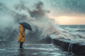A lone figure stands in the midst of a stormy sea, seeking shelter under a brightly colored umbrella as waves crash against the wall behind them