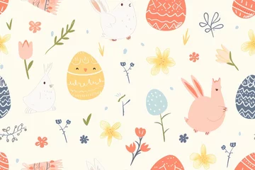 Foto auf Leinwand A whimsical child's drawing comes to life with vibrant illustrations of easter eggs, bunnies, and fruity delights, evoking a sense of joy and wonder in the viewer © ChaoticMind