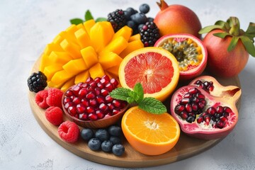 A colorful and nutrient-rich plate of various fruits, ranging from oranges and grapefruits to berries and tangelos, showcases the beauty and importance of natural and whole foods in a balanced diet f