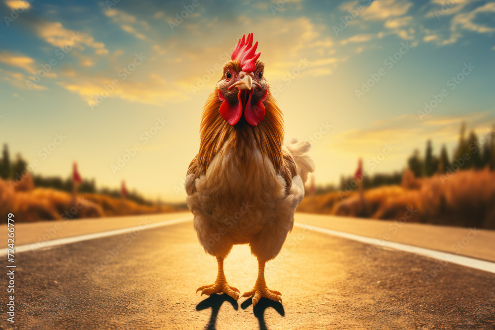 Sticker A chicken crossing a road lined with motivational posters about following dreams, poking fun at the famous joke. Concept of classic joke reinterpretation. Generative Ai.