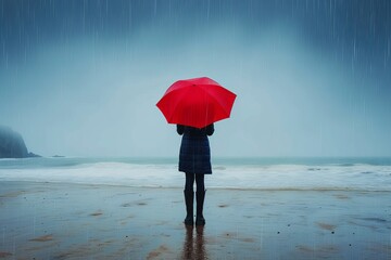 Braving the elements, a lone figure stands on the wet winter beach, holding a red umbrella as the sky pours rain and snow down onto the vast expanse of water and sand