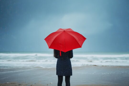 A woman stands confidently on a beach, her red umbrella a striking accessory against the bright blue sky, the crashing waves and wet sand beneath her feet reflecting the rain in her clothing