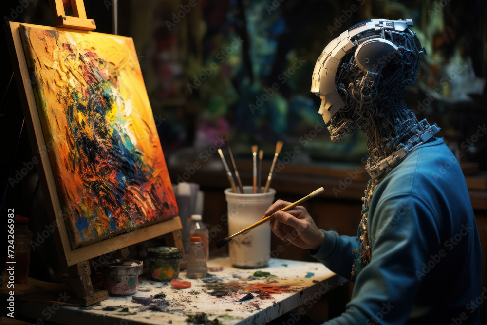 Poster a robot attempting to paint a picture but only drawing circuits, illustrating a robotic perspective 