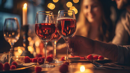 Close-up of romantic dinner table with wine glasses and raspberries. Valentine's Day.