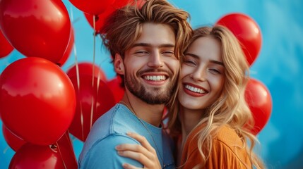 Portrait of a happy young couple embracing each other and looking at camera while standing with red...