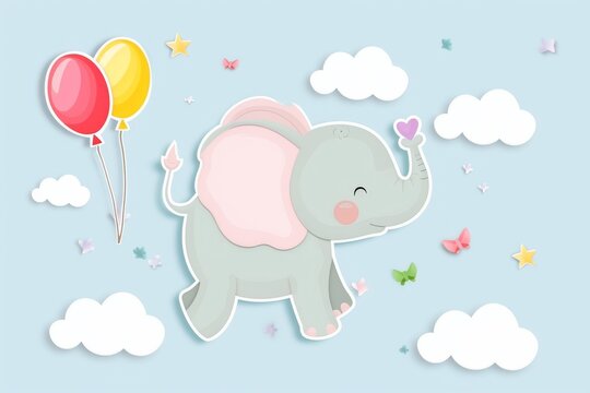 A joyful cartoon elephant surrounded by colorful balloons and fluttering butterflies in a child-like illustration