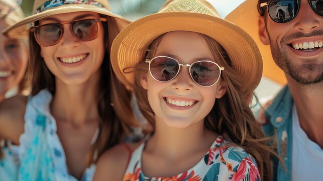 an advertisement photograph of a happy family wearing trendy summer clothes, 