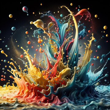 abstract collage of vibrant, dynamic liquid splashes against a black background