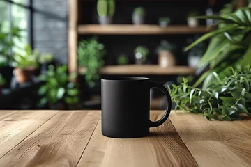 Foto op Canvas minimal white, gray, beige and black mugs. Mugs of coffee, tea and hot drinks on wooden floor surrounded by green plants and flowers. minimal textured patterns background.glass.  © Hazal