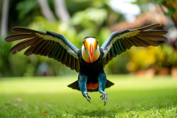 Poster a flying colorful toucan lands on the lawn © viktorbond