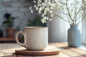  minimal white, gray, beige and black mugs. Mugs of coffee, tea and hot drinks on wooden floor surrounded by green plants and flowers. minimal textured patterns background.glass.  © Hazal