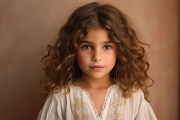 Portrait of a beautiful little girl with long curly hair in a white blouse
