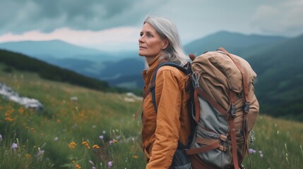 Naklejka premium attractive senior woman hiking with a backpack, 