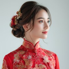 A woman in a red traditional Chinese dress and a colorful fan.