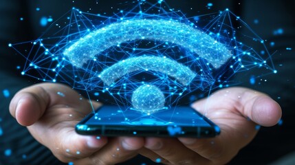 Interactive holographic wifi icon shining over mobile phone in hands with modern technology concept