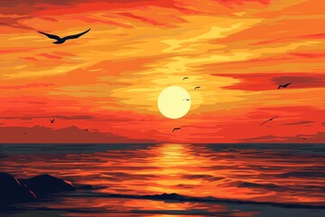 As the sun sinks below the horizon, a tranquil beach scene is painted with the soft hues of an afterglow, as sea gulls soar gracefully overhead