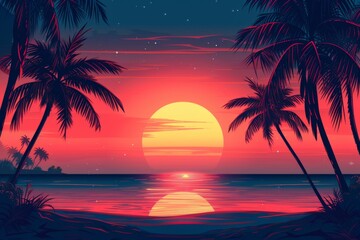 The golden hues of the sky melt into the tranquil waters, while a lone palm tree stands tall in the afterglow, capturing the peaceful essence of a tropical sunset on a serene beach