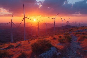 Wind turbines at sunset with vibrant sky, energy concept