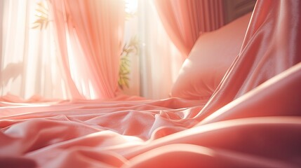 Dreamy image of a pastel-pink curtain on a sunlit window, interior abstract background.