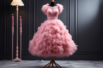 Elegant pink fluffy women's dress on a mannequin. Generated by artificial intelligence
