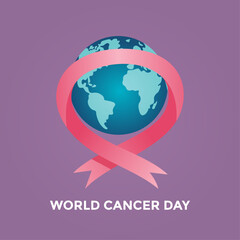 Illustration of Ribbon of unity intertwined with a world globe. Global unity against cancer in vector.