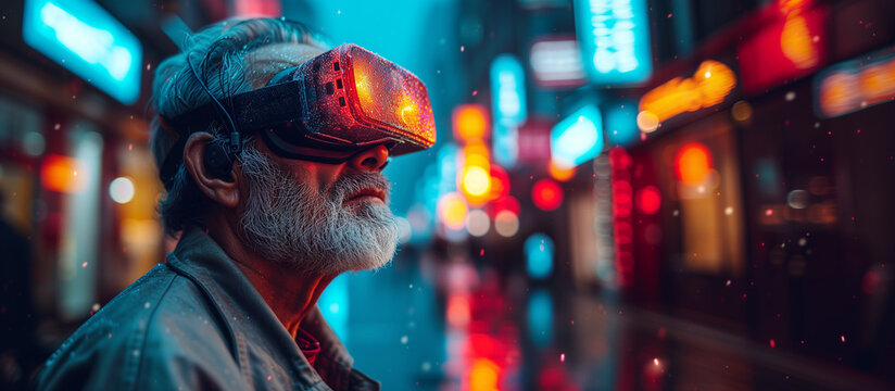 An elderly man wearing augmented reality glasses standing in a futuristic city street by night.