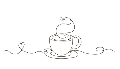 Cup of tea or coffee, one line art style, Hand Drawn, minimalist lines, vector illustration