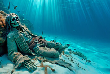 The skeletal remains of a pirate captain with dreadlocks resting at the bottom of a beautiful lit underwater widescreen landscape scene - obrazy, fototapety, plakaty