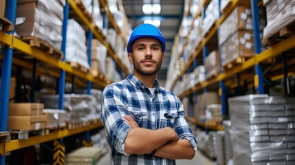 Fototapeta na wymiar Confident male warehouse worker standing in bright distribution center with ample natural light