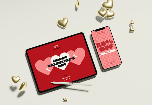 Smartphone and Tablet with Hearts Decoration Mockup
