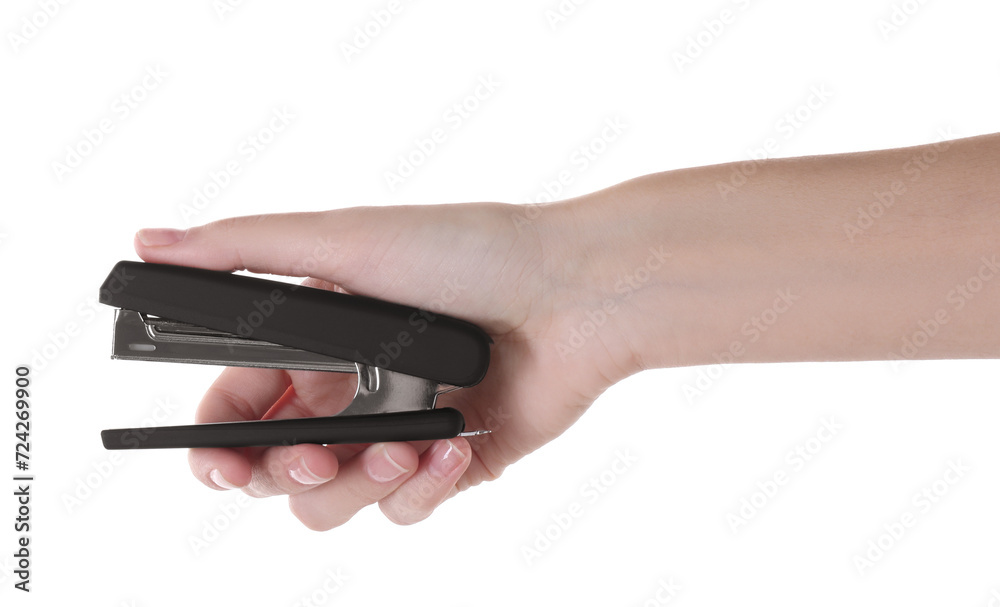 Canvas Prints Woman holding black stapler on white background, closeup