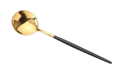 One shiny golden spoon with black handle isolated on white, top view