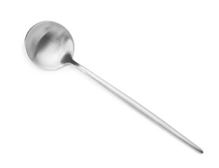 One shiny silver spoon isolated on white, top view