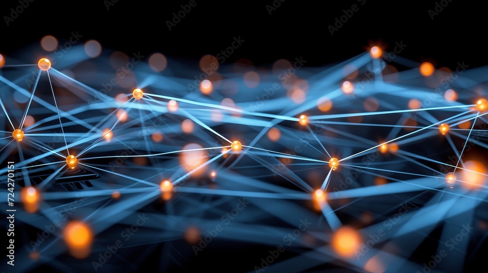 Poster interconnected points showing iot and machine learning on blurred background with copy space