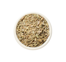 Dry fennel seeds in bowl isolated on white, top view