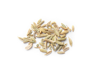 Pile of dry fennel seeds isolated on white, top view