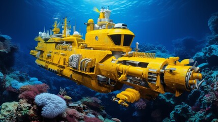 Luxurious private submarine exploring the deep ocean with schools of colorful fish