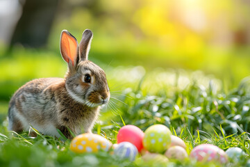 Fototapeta na wymiar Easter bunny sitting with colorful Easter eggs