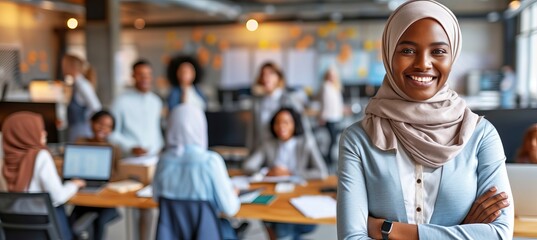 Smiling hijab wearing professional woman in sleek office setting with copy space