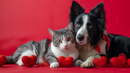 Adorable cat and dog dressed in Valentine's outfits, sharing love.