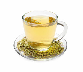 Aromatic fennel tea in cup and seeds isolated on white