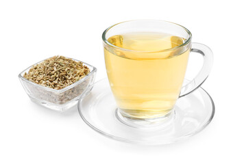 Aromatic fennel tea in cup and seeds isolated on white