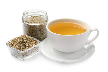 Aromatic fennel tea in cup and seeds isolated on white