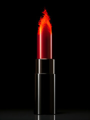 red lipstick with fiery flame on black background.Minimal creative make up concept.Trendy social mockup or wallpaper with copy space,Top view.Generative AI
