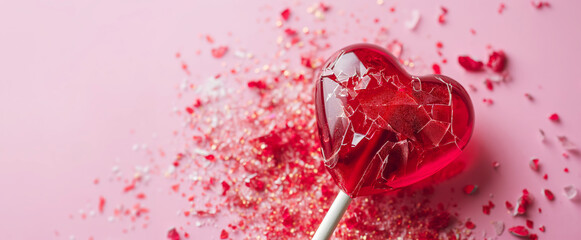 Valentine's concept of broken heart lollipop on a soft pink backdrop.