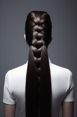 Girl with a thick brunette braid turned back.Minimal creative hair  fashion  concept.Top view,copy space.Generative Ai	
