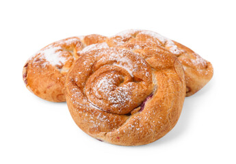 Delicious rolls with jam and powdered sugar isolated on white. Sweet buns