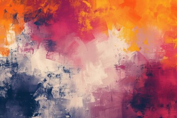 Abstract painting with vibrant orange and red hues mixed with white and black splatters.